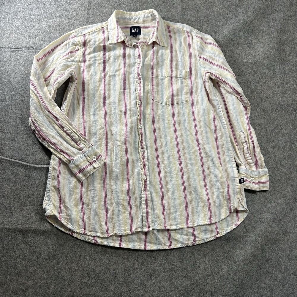 GAP Top Womens Medium Striped Linen Blend Button Up Shirt Lightweight Resort